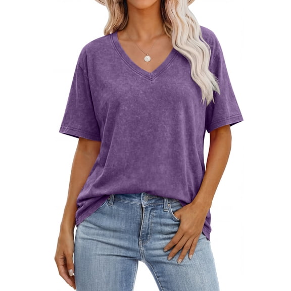 ANRABESS Womens Oversized Acid Washed T-Shirt Short Sleeve Vintage Casual V Neck Tops 2026 Summer Basic Tee Trendy Clothes Purple XX-Large