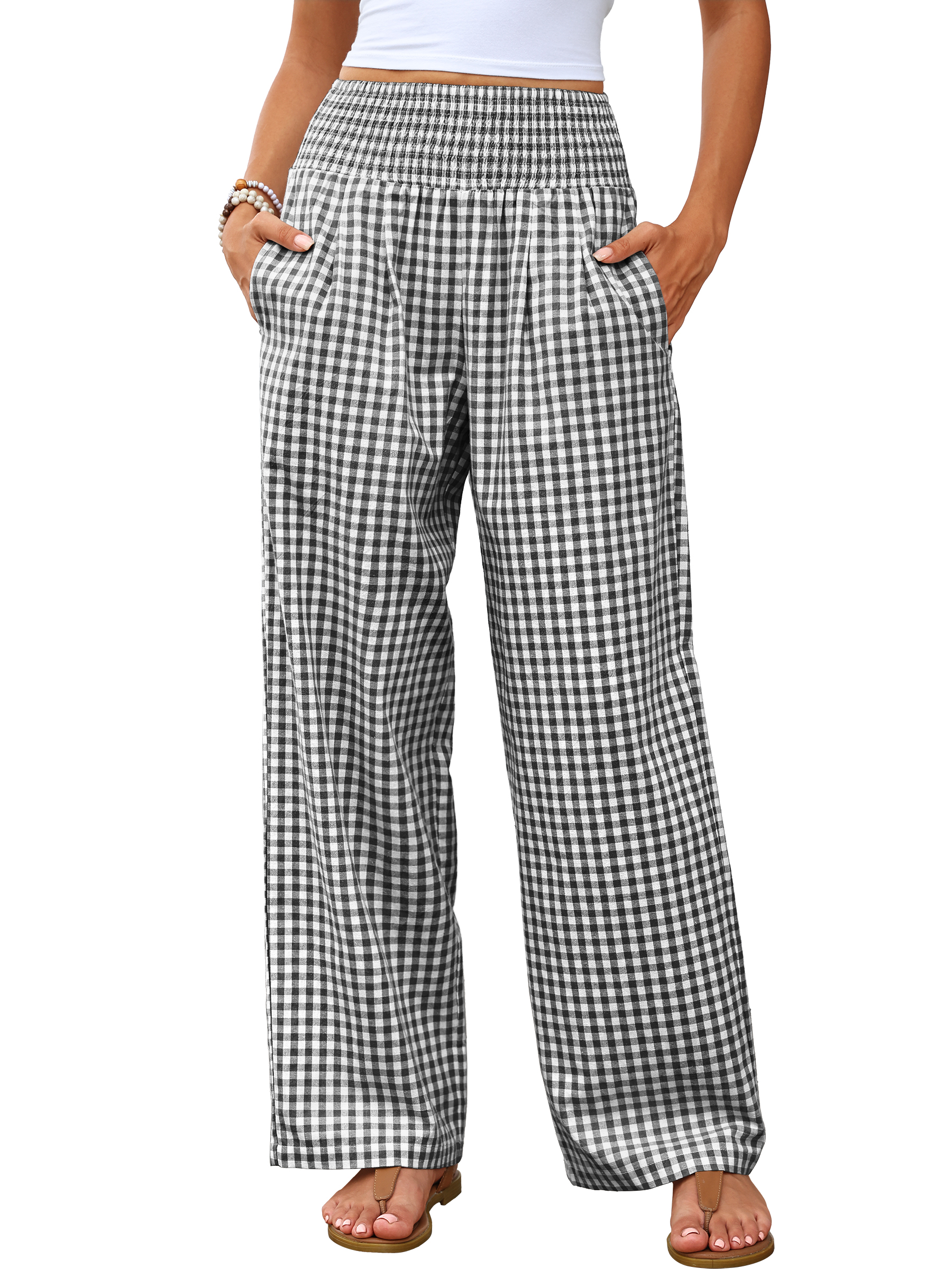 ANRABESS Women's Gingham Palazzo Pants, High Waisted Wide Leg Lounge Pants with Pockets, Casual Summer Beach Vacation Pants, Black White Plaid Medium