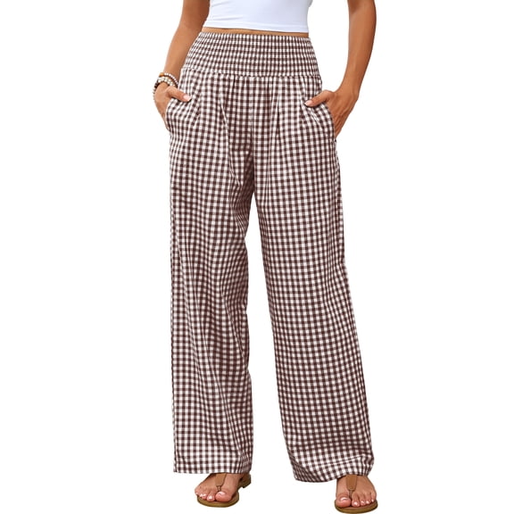 ANRABESS Women's Gingham Palazzo Pants, High Waisted Wide Leg Lounge Pants with Pockets, Casual Summer Beach Vacation Pants, Brown White Plaid Small
