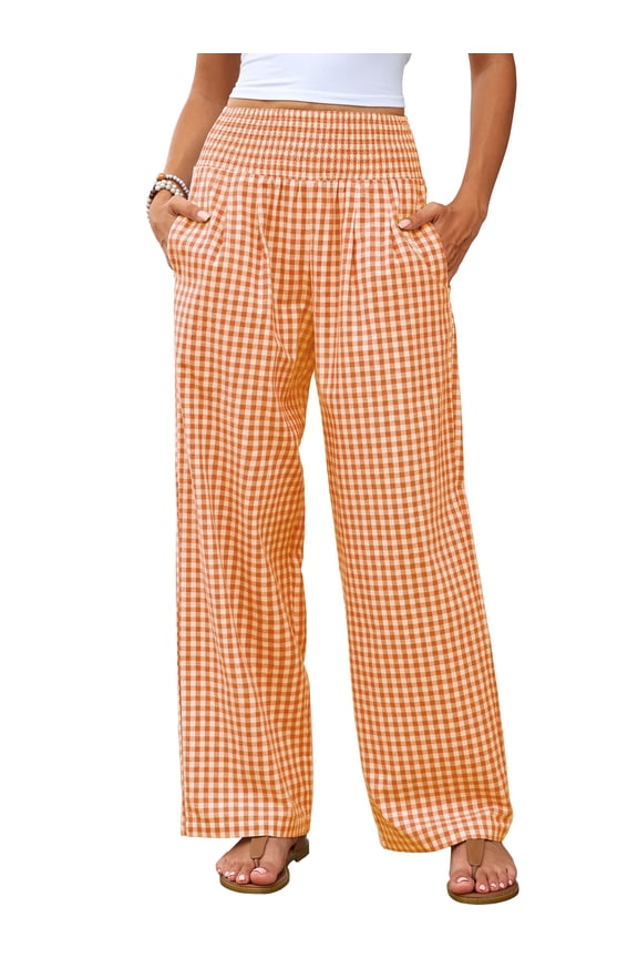 Women's Gingham Palazzo Pants, High Waisted Wide Leg Lounge Pants with Pockets, Casual Summer Beach Vacation Pants, Orange White Plaid Medium