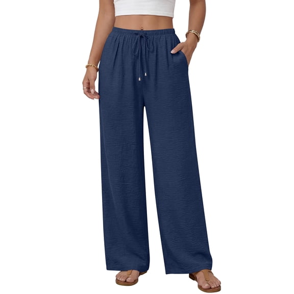 ANRABESS Womens Palazzo Pants, Wide Leg Flowy Drawstring High Waisted, Lightweight Lounge Office Beach Clothes 2026 Navy Blue Medium