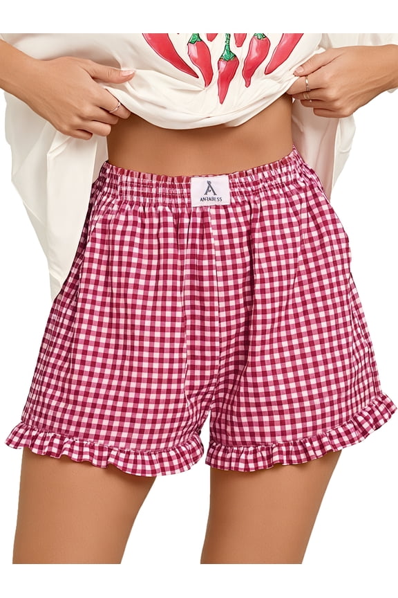 Womens Ruffle Boxer Shorts Pajama Gingham Shorts Summer Casual Lounge Sleep Plaid Beach Bottoms Pockets 2026 Trendy Red White Plaid Large