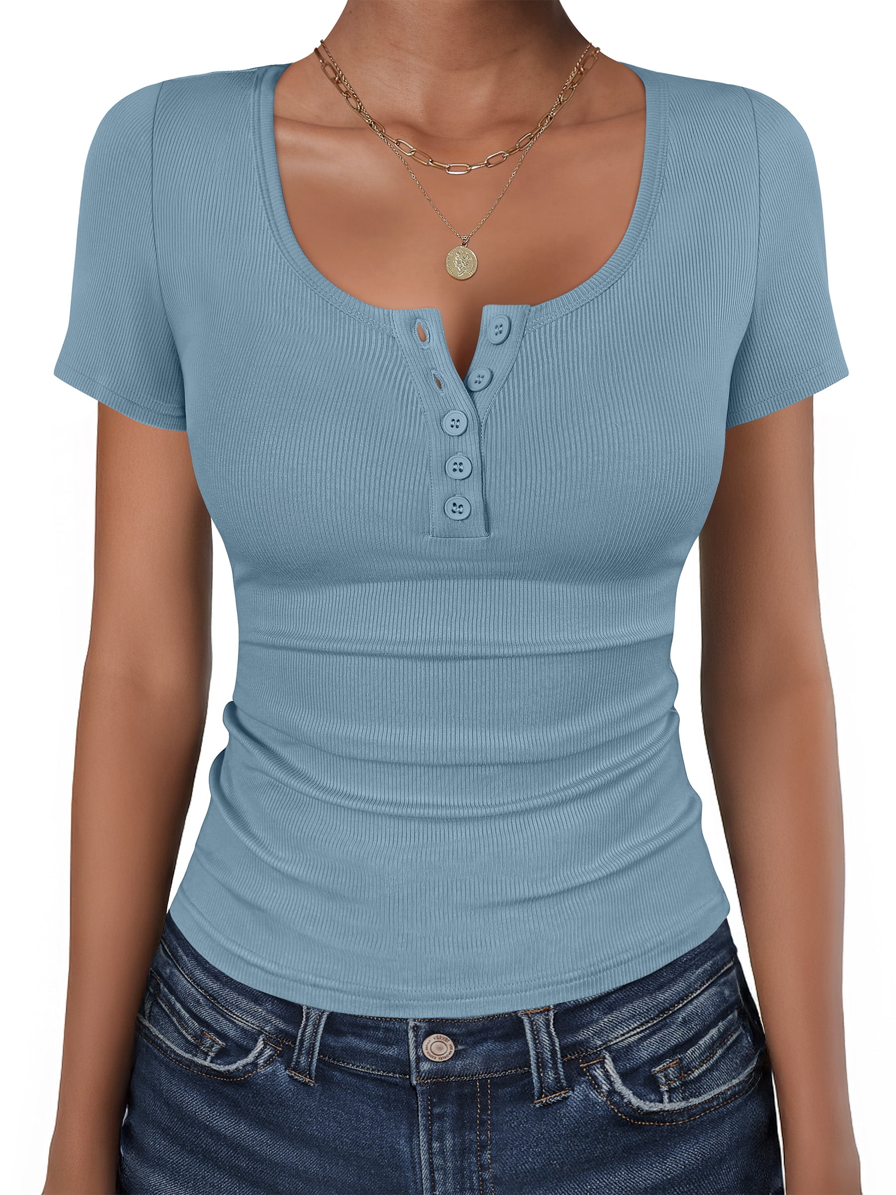 ANRABESS Womens Short Sleeve Henley Shirts Ribbed Slim Fitted Tee ...