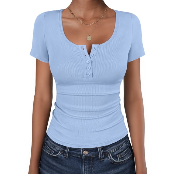ANRABESS Womens Short Sleeve Henley Shirts Ribbed Slim Fitted Tee Summer Work Tops 2026 Button Blouse Spring Vacation Clothes Light Blue Medium