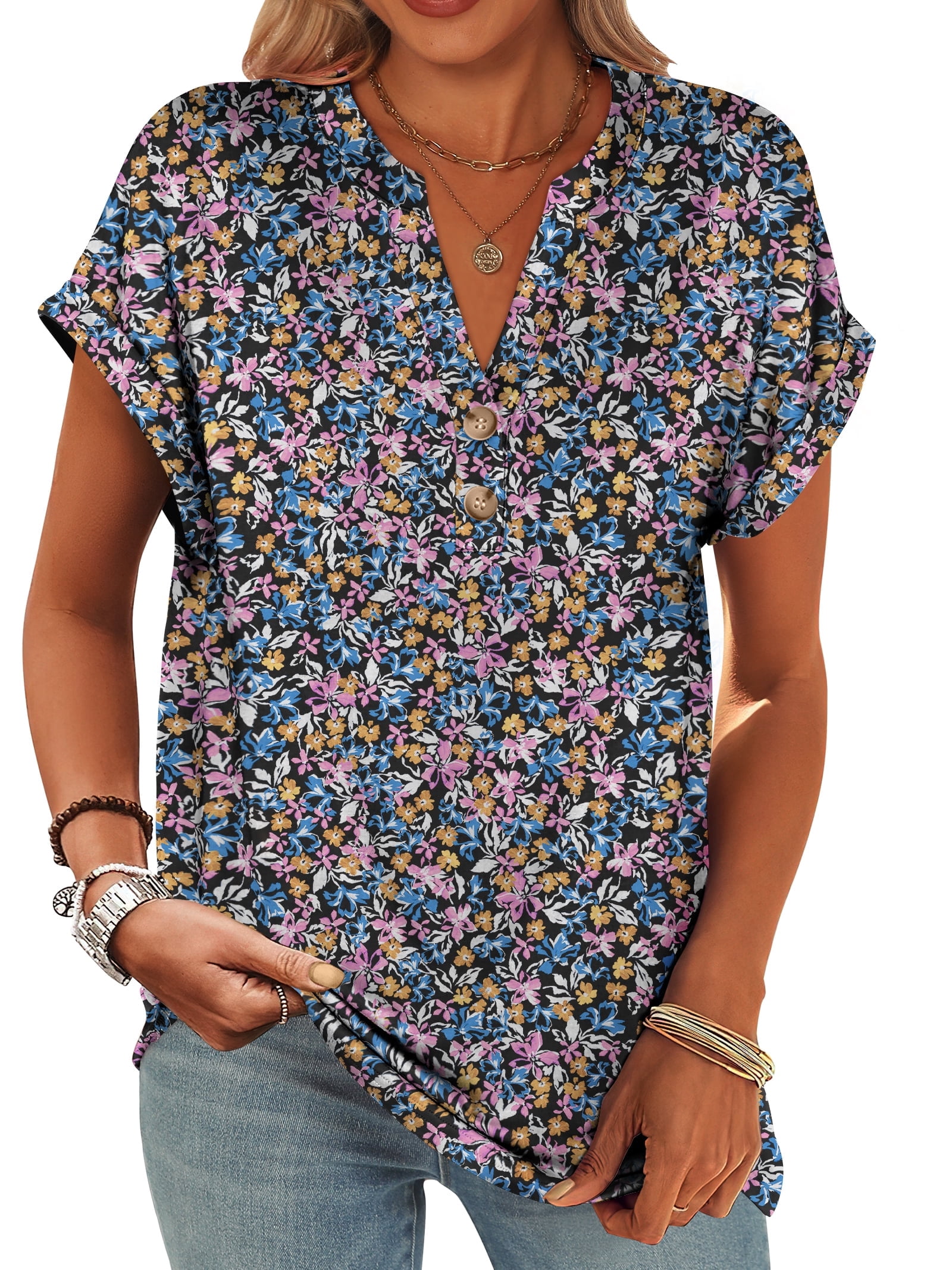 ANRABESS Womens Short Sleeve Henley Tops V Neck Dressy Casual Blouses ...