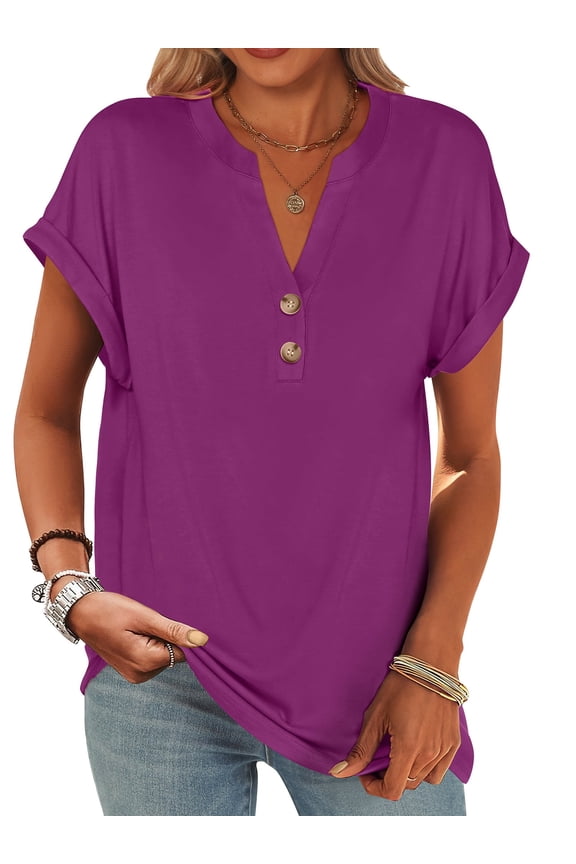 Womens Short Sleeve Henley Tops V Neck Dressy Casual Blouses Summer Trendy Tee Shirts 2026 Vacation Fashion Clothes Purple Large
