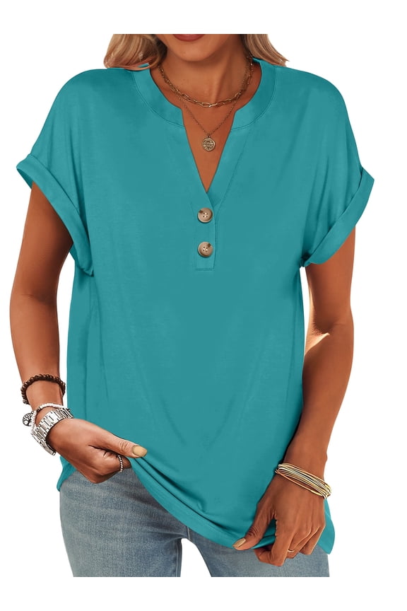 Womens Short Sleeve Henley Tops V Neck Dressy Casual Blouses Summer Trendy Tee Shirts 2026 Vacation Fashion Clothes Sky Blue Large
