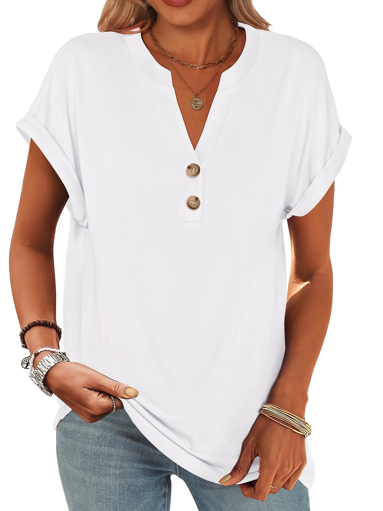 ANRABESS Womens Short Sleeve Henley Tops V Neck Dressy Casual Blouses ...