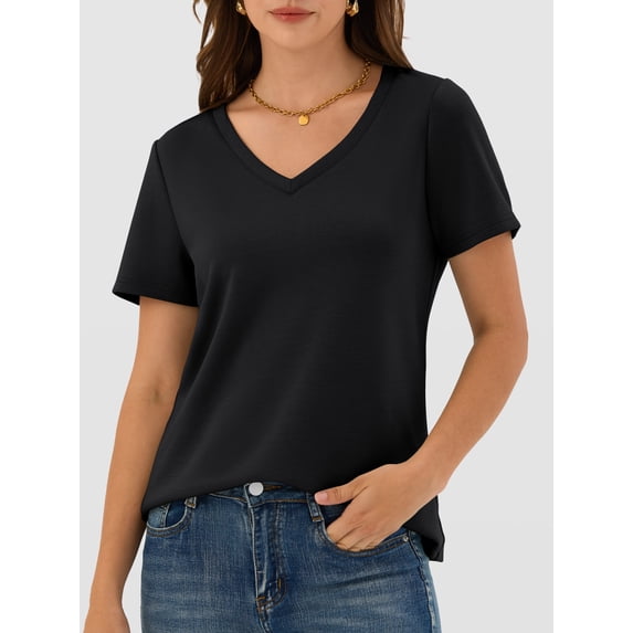 ANRABESS Womens Short Sleeve Tops Casual V Neck Wrinkle - Free Basic T Shirts Summer Cute Tee 2026 Spring Fashion Clothes Black X-Large