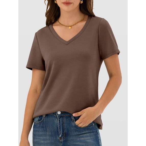ANRABESS Womens Short Sleeve Tops Casual V Neck Wrinkle - Free Basic T Shirts Summer Cute Tee 2026 Spring Fashion Clothes Brown XX-Large