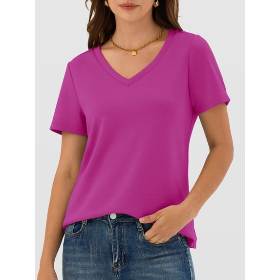 ANRABESS Womens Short Sleeve Tops Casual V Neck Wrinkle - Free Basic T Shirts Summer Cute Tee 2026 Spring Fashion Clothes Hot Pink Large