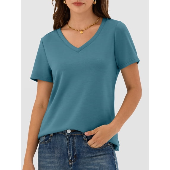 ANRABESS Womens Short Sleeve Tops Casual V Neck Wrinkle - Free Basic T Shirts Summer Cute Tee 2026 Spring Fashion Clothes Lake Blue Large