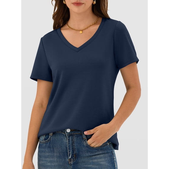 ANRABESS Womens Short Sleeve Tops Casual V Neck Wrinkle - Free Basic T Shirts Summer Cute Tee 2026 Spring Fashion Clothes Navy Blue Medium