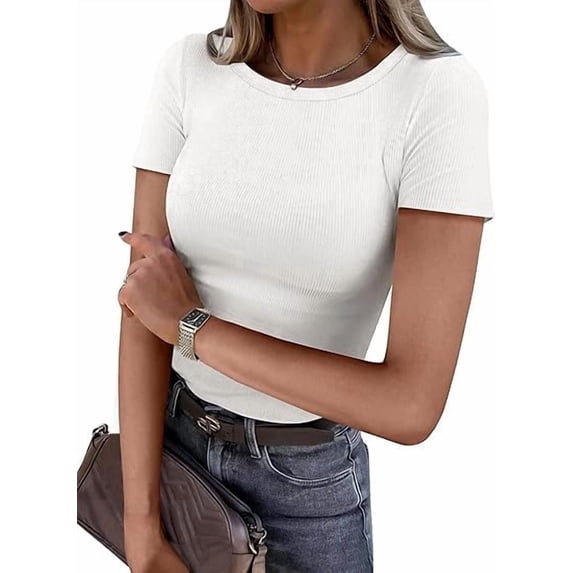 ANRABESS Womens Short Sleeve Tops Crewneck Ribbed Knit Slim Fit Basic Tee Casual Fall Fitted T Shirt