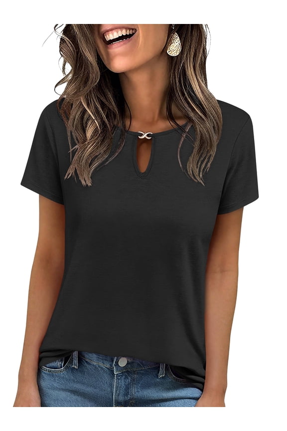 Womens Keyhole Neck Tops Short Sleeve Summer Casual T Shirts Loose Fit Basic Tee Dressy Work Going Out Shirts
