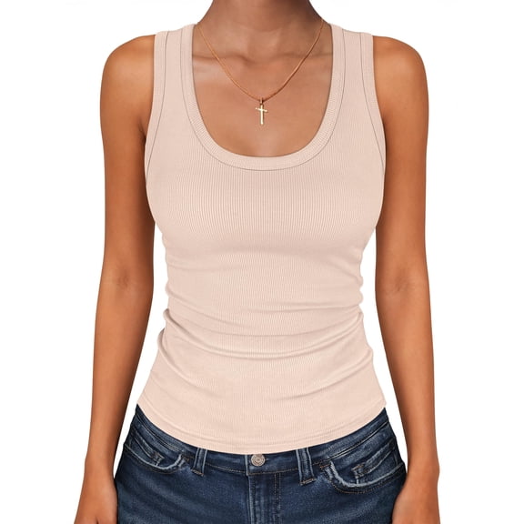 ANRABESS Womens Sleeveless Scoop Neck Tank Tops 2026 Summer Casual Basic Slim Fit Ribbed Knit Racerback Workout Cami Shirts Beige-L
