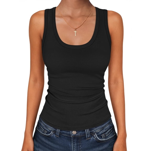 ANRABESS Womens Sleeveless Scoop Neck Tank Tops 2026 Summer Casual Basic Slim Fit Ribbed Knit Racerback Workout Cami Shirts Black-S