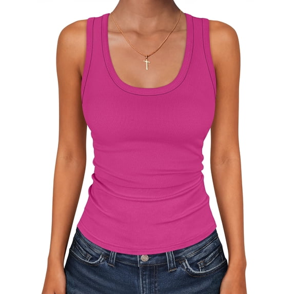 ANRABESS Womens Sleeveless Scoop Neck Tank Tops 2026 Summer Casual Basic Slim Fit Ribbed Knit Racerback Workout Cami Shirts Hot Pink-X-Small