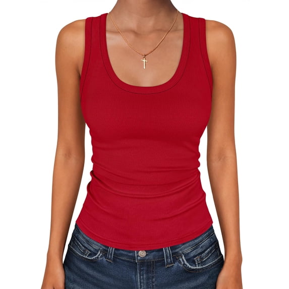 ANRABESS Womens Sleeveless Scoop Neck Tank Tops 2026 Summer Casual Basic Slim Fit Ribbed Knit Racerback Workout Cami Shirts Red-X-Small