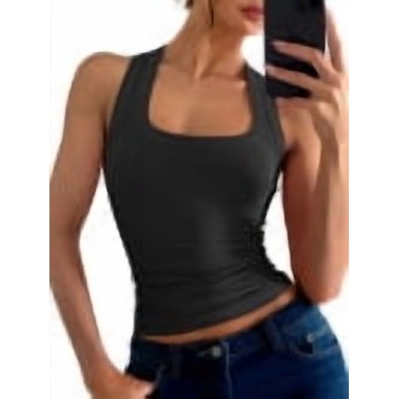 ANRABESS Womens Scoop Neck Ribbed Tank Tops Knit Sleeveless Racerback Workout Tops Slim Fitted Basic Cami Shirts Casual Summer Outfits Black XS