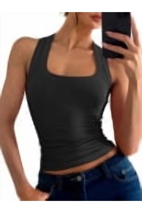 Womens Scoop Neck Ribbed Tank Tops Knit Sleeveless Racerback Workout Tops Slim Fitted Basic Cami Shirts Casual Summer Outfits Black XS