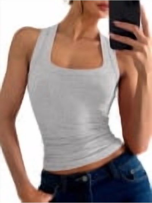 Womens Scoop Neck Ribbed Tank Tops Knit Sleeveless Racerback Workout Tops Slim Fitted Basic Cami Shirts Casual Summer Outfits Bright Gray M