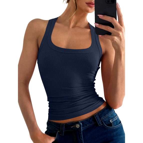 ANRABESS Womens Scoop Neck Ribbed Tank Tops Knit Sleeveless Racerback Workout Tops Slim Fitted Basic Cami Shirts Casual Summer Outfits Navy Blue XS