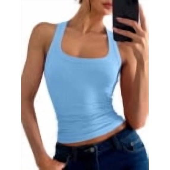 ANRABESS Womens Scoop Neck Ribbed Tank Tops Knit Sleeveless Racerback Workout Tops Slim Fitted Basic Cami Shirts Casual Summer Outfits Sky Blue XL