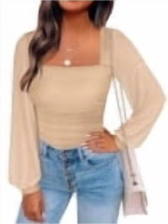 Womens Square Neck Mesh Long Sleeve Tops Double Lined Dressy Business Casual Blouses Shirts 2026 Fall Outfits Apricot Medium