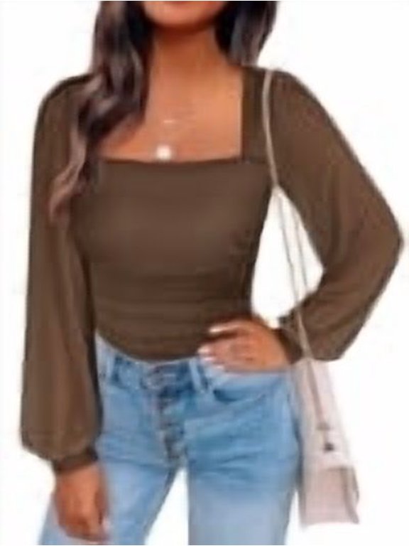Womens Square Neck Mesh Long Sleeve Tops Double Lined Dressy Business Casual Blouses Shirts 2026 Fall Outfits Mocha Large