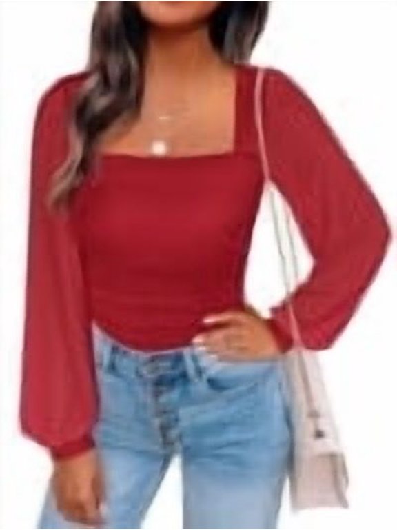 Womens Square Neck Mesh Long Sleeve Tops Double Lined Dressy Business Casual Blouses Shirts 2026 Fall Outfits Red Medium