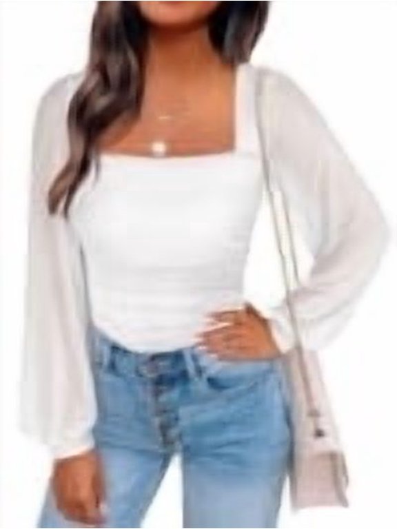Womens Square Neck Mesh Long Sleeve Tops Double Lined Dressy Business Casual Blouses Shirts 2026 Fall Outfits White Small