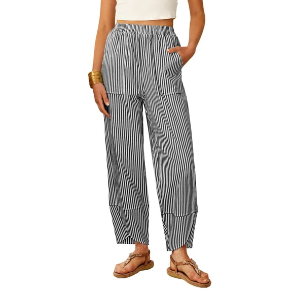 ANRABESS Womens Striped Gingham Pants High Waisted Lounge Pajama Bottoms with Pockets Casual Summer Beach Pants Black White Stripe Medium