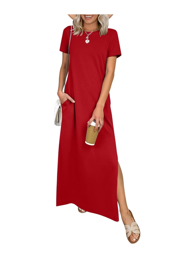 Womens Summer Maxi Dress Short Sleeve Crewneck T Shirt Dress Casual Loose Side Slit Wrinkle-Free Travel Dress