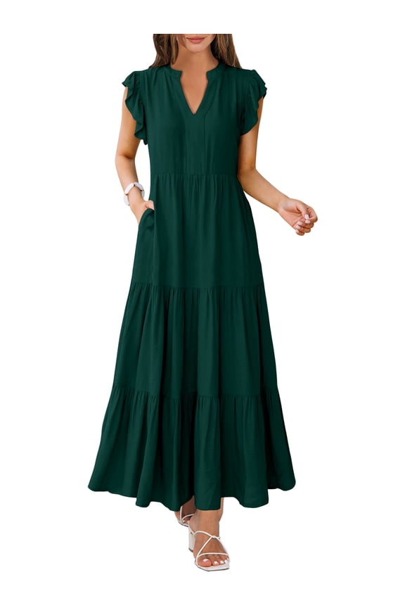Womens Summer Maxi Dress V Neck Ruffle Sleeve Flowy Tiered Boho Casual Beach Vacation Sundress with Pockets