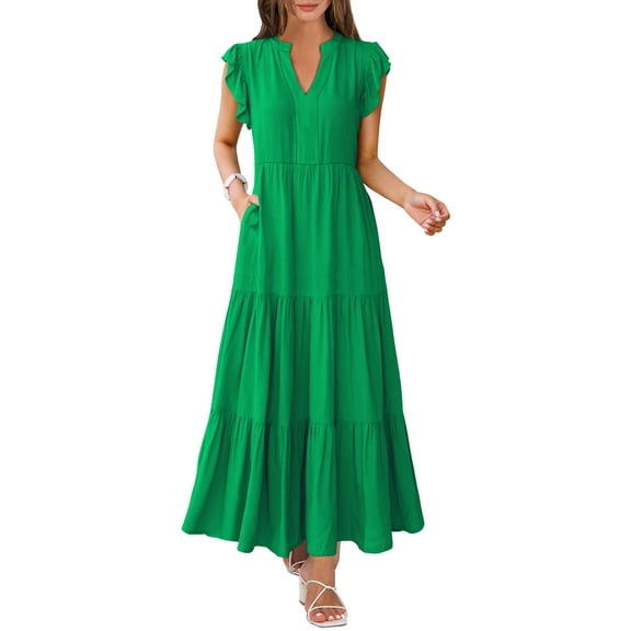 ANRABESS Womens Summer Maxi Dress V Neck Ruffle Sleeve Flowy Tiered Boho Casual Beach Vacation Sundress with Pockets
