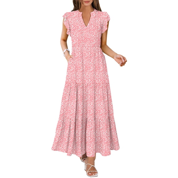 ANRABESS Womens Summer Casual Maxi Dress V Neck Ruffle Sleeve Long Dresses Fashion Flowy Tiered Boho Beach Vacation Sundress Pink Floral Small