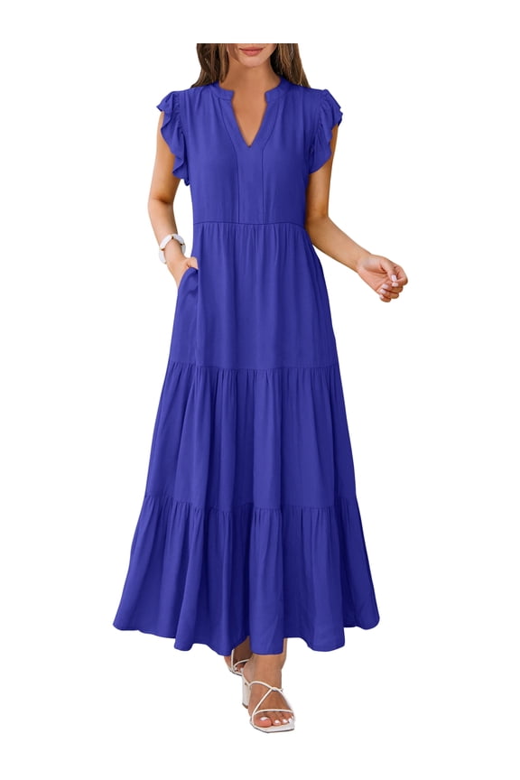 Womens Summer Maxi Dress V Neck Ruffle Sleeve Flowy Tiered Boho Casual Beach Vacation Sundress with Pockets