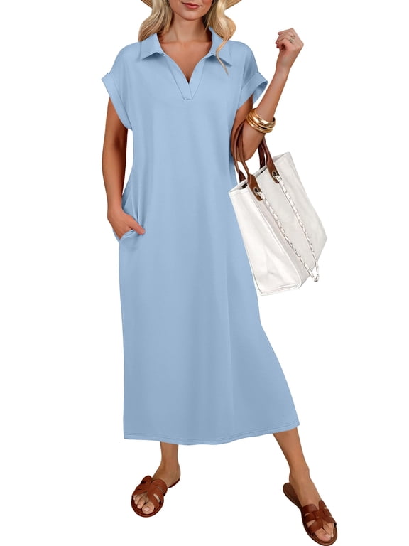 Summer Dresses for Women Short Sleeve Polo V Neck Maxi Dress with Pockets, Casual T Shirt Dress Side Slit Wrinkle-Free Beach Travel Vacation Dress