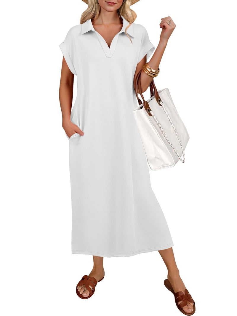 midi wrinkle free dress for travel Anrabess Summer Dresses Women Short Sleeve Polo V Neck Maxi with Pockets, Casual T Shirt Dress Side Slit Wrinkle-Free Beach Vacation wear it Women's Wrinkle-Free Travel Dresses |