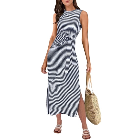 ANRABESS Womens Summer Casual Sleeveless T Shirt Midi Dress Slim Fit Tie Waist Split Tank Long Dresses 2026 Vacation Sundress