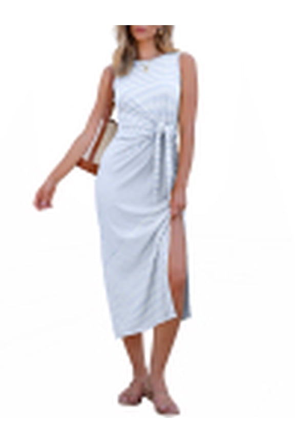 Maxi Dresses for Women 2026 Summer Tie Waist Split Midi Dresses Sleeveless Crewneck Slim Fit Long Tank Dress Casual Travel Beach Tshirt Dress Striped Light Blue L