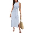 thumbnail image 1 of ANRABESS Maxi Dresses for Women 2026 Fall Tie Waist Split Midi Dresses Sleeveless Crewneck Slim Fit Long Tank Dress Casual Travel Beach Tshirt Dress Striped Light Blue XL, 1 of 12
