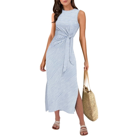 ANRABESS Maxi Dresses for Women 2026 Fall Tie Waist Split Midi Dresses Sleeveless Crewneck Slim Fit Long Tank Dress Casual Travel Beach Tshirt Dress Striped Light Blue XL