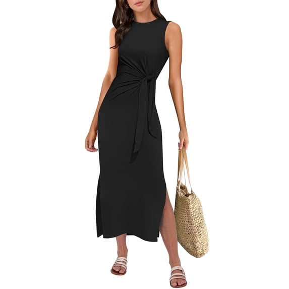 ANRABESS Womens Summer Casual Sleeveless T Shirt Midi Dress Slim Fit Tie Waist Split Tank Long Dresses 2026 Vacation Sundress