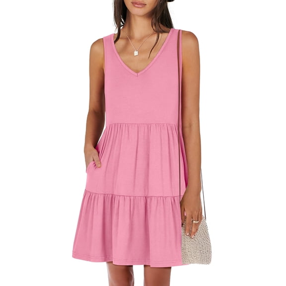 ANRABESS Summer Tank Dress for Women Sleeveless Mini Sundress V Neck Tiered A Line Dress with Pockets, Beach Vacation Dress