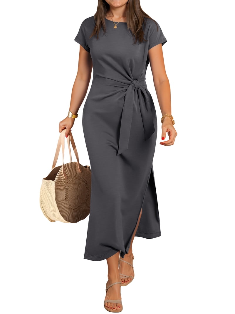 ANRABESS Women's Summer Maxi Dresses Tie Waist Short Sleeve Crewneck Dress Split Hem Casual Beach Vacation Dress Deep Grey Large