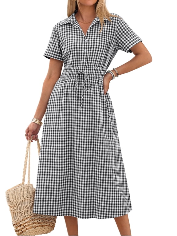 Womens Gingham Shirt Dress Short Sleeve Summer Casual Midi Dress Button Front Collared Drawstring Waist Flowy A Line Vacation Dress