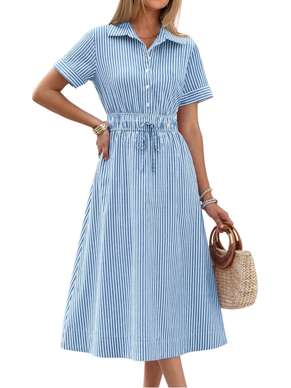 Womens Gingham Shirt Dress Short Sleeve Summer Casual Midi Dress Button Front Collared Drawstring Waist Flowy A Line Vacation Dress