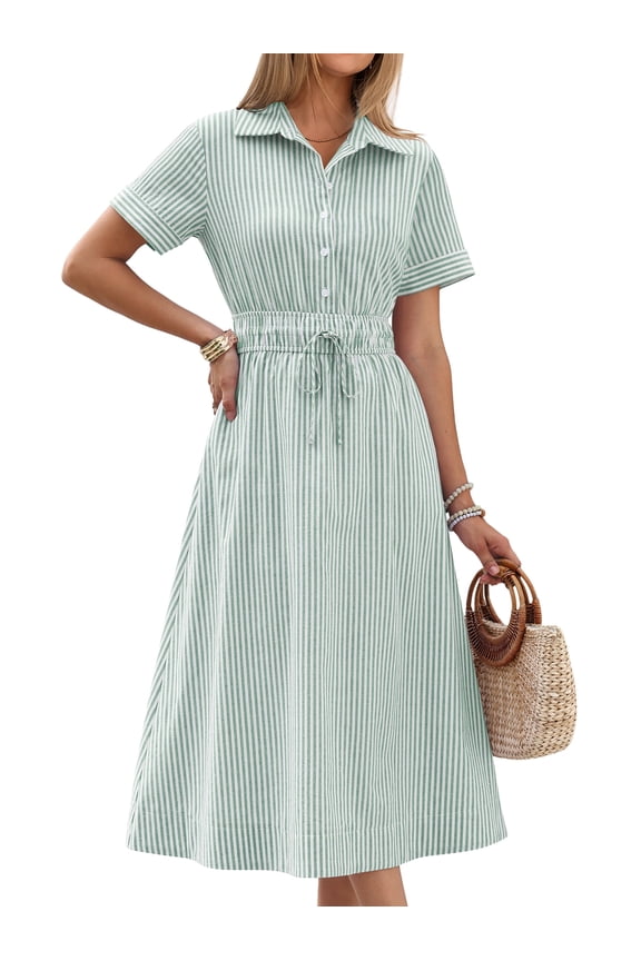 Womens Gingham Shirt Dress Short Sleeve Summer Casual Midi Dress Button Front Collared Drawstring Waist Flowy A Line Vacation Dress